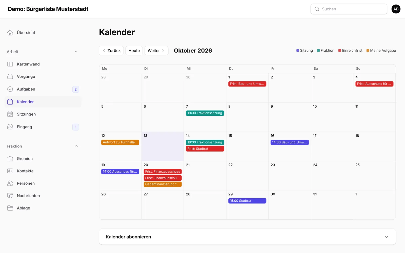Monatskalender mit Sitzungen, Fraktionssitzungen, Einreichfristen und Aufgaben