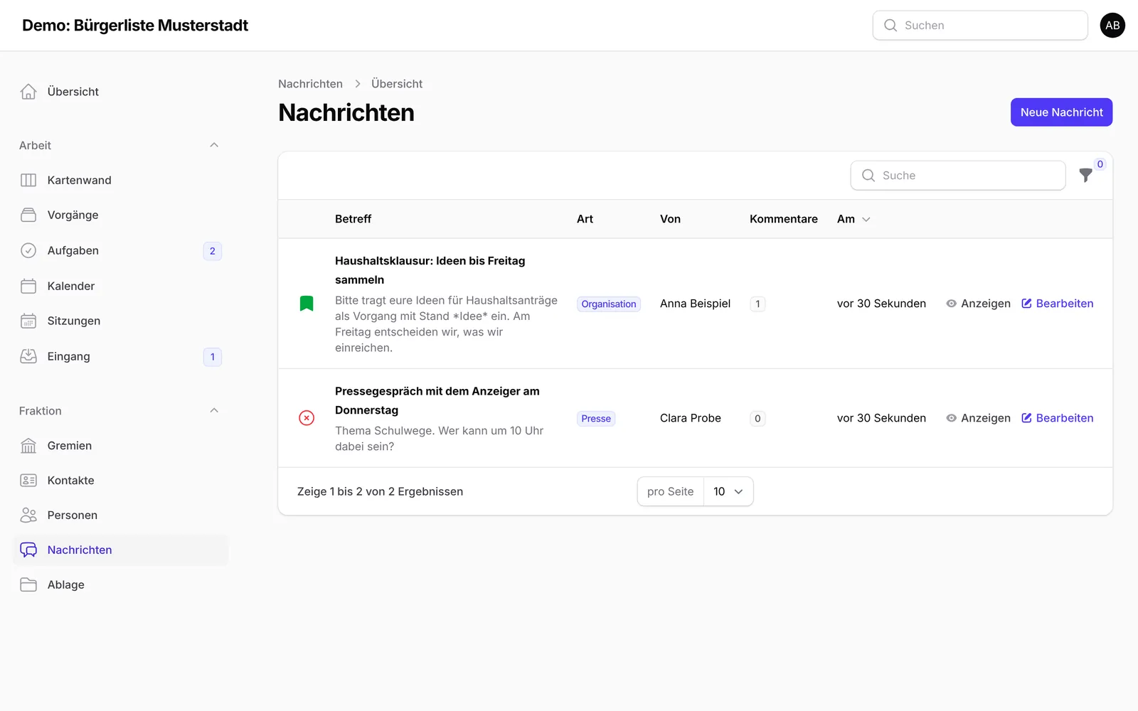 Nachrichten der Fraktion mit Kommentaren