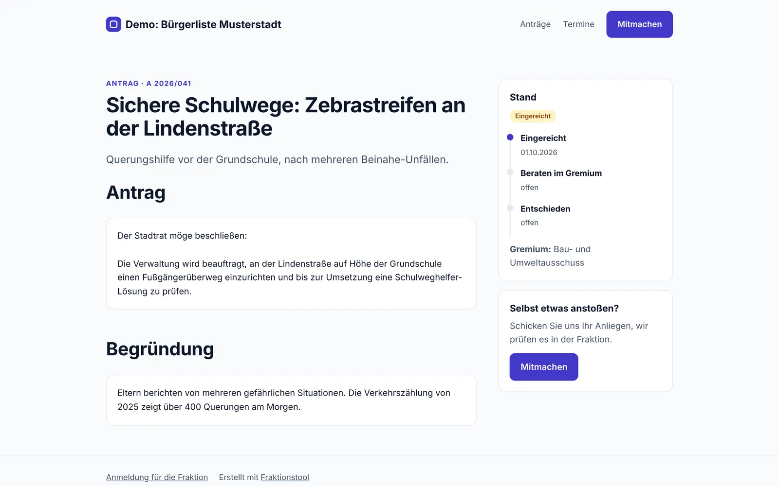 Öffentliche Seite eines Antrags mit Stand und Zeitleiste